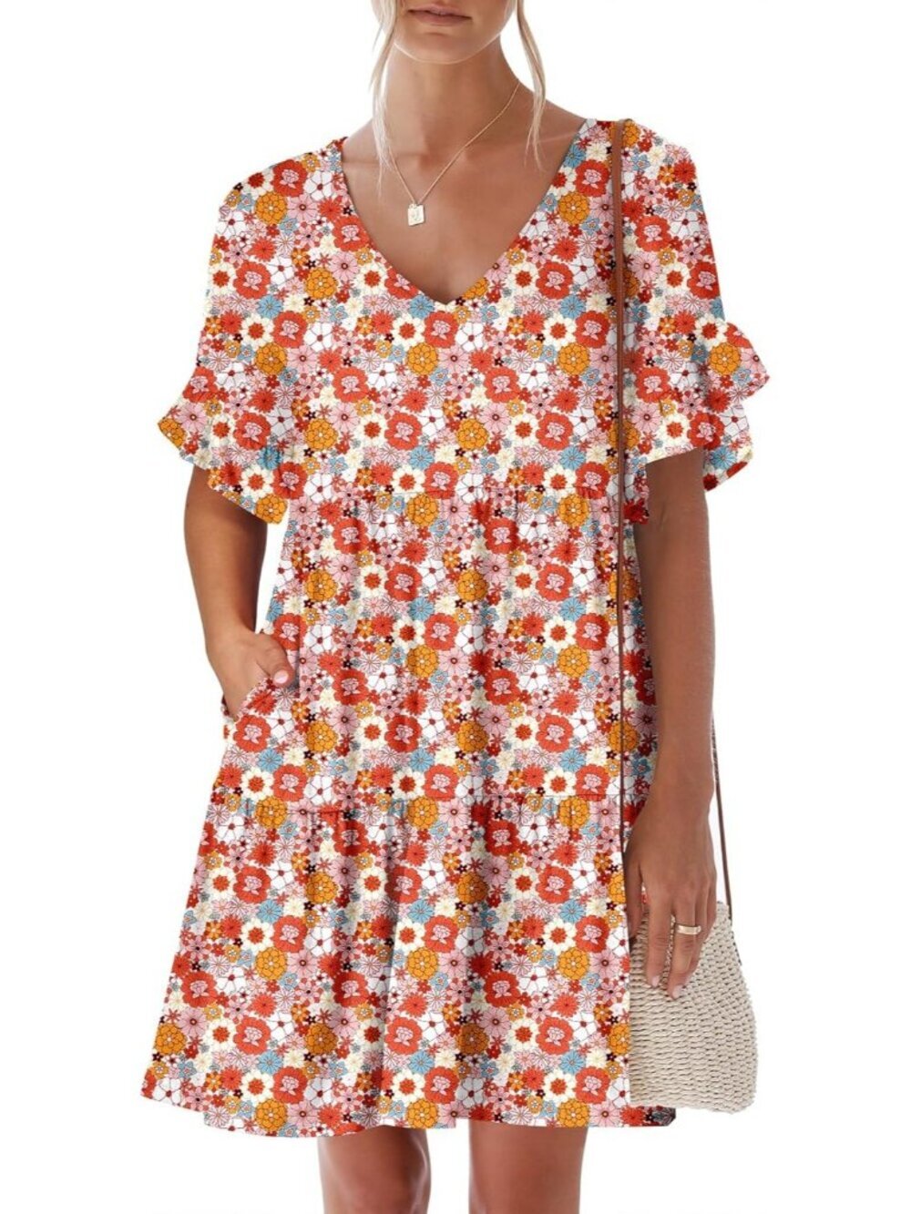 Anrabess Women's Orange Floral Neck Ruffle Sleeve A Line Tiered Mini Flowy Dress
